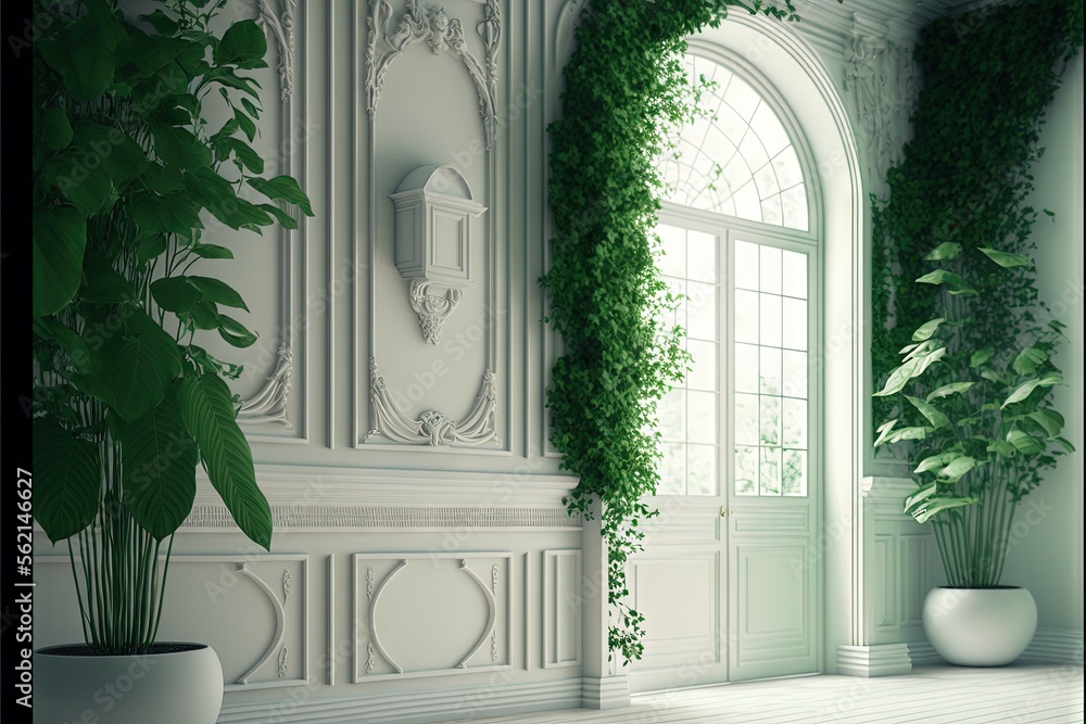 Aufkleber a room with a plant and a clock on the wall and a window with a view of the outside of the room and 