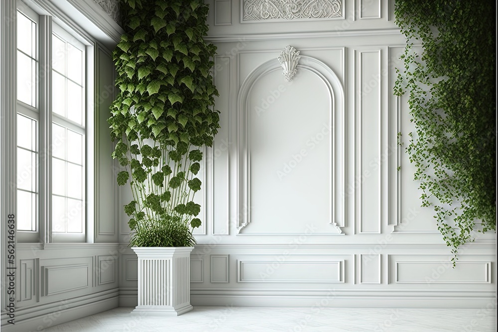 Aufkleber a room with a plant in a vase and a window with a view of the outside of the room and a wall with a 