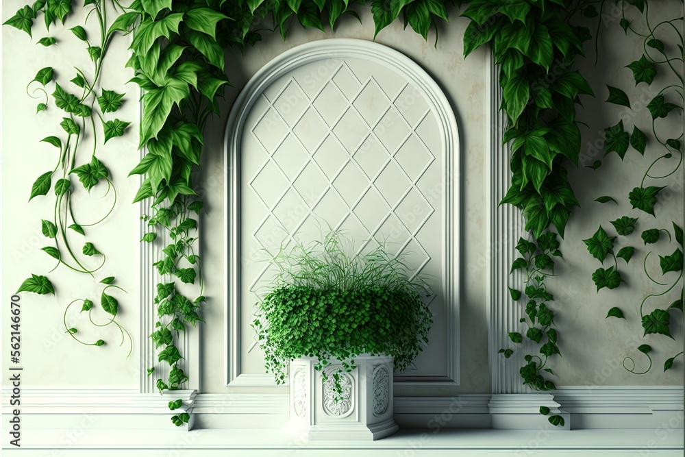 Poster a plant in a pot on a shelf in front of a wall with a window and a plant growing on it's side of it,