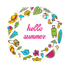 Summer symbols doodle clipart. Circle theme composition