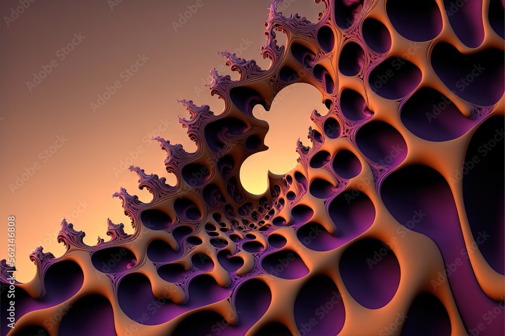 Poster a computer generated image of a purple and orange structure with a yellow center and a black center 