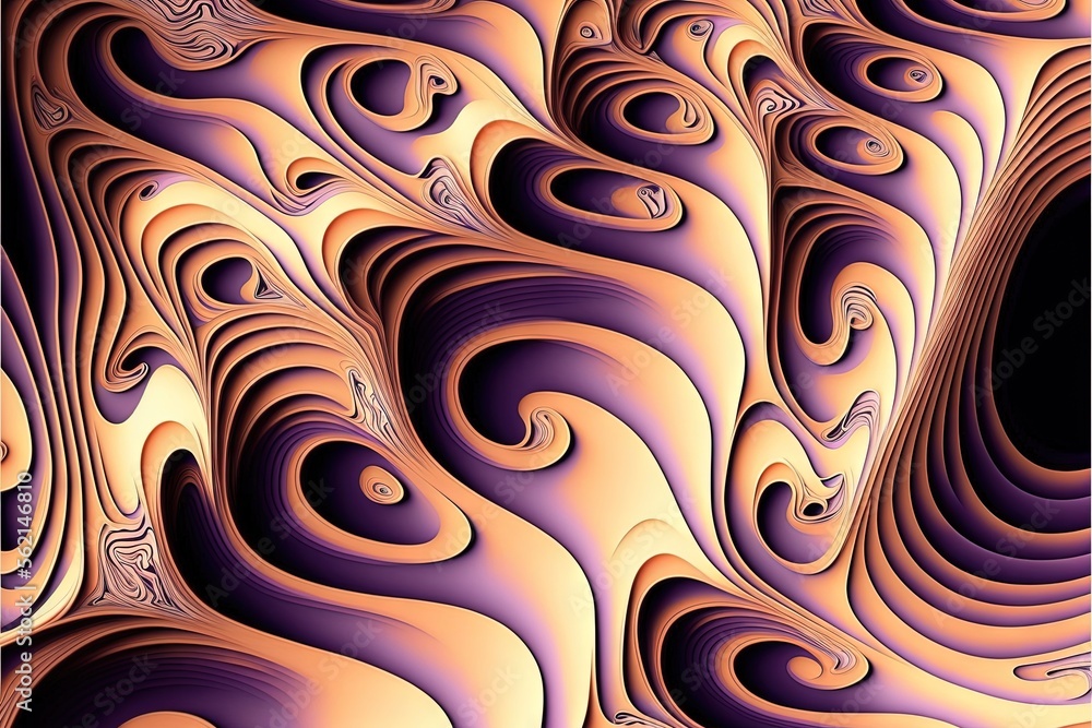 Poster a computer generated image of a wavy pattern in purple and gold colors, with a black background and 