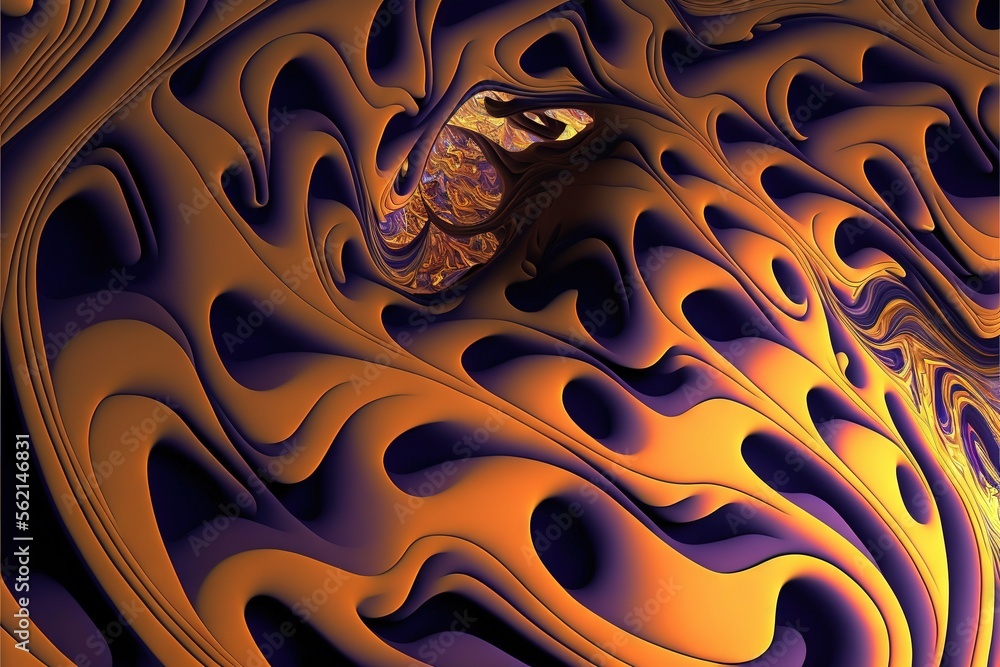 Poster a computer generated image of a yellow and purple swirl with a black background and a black eye in t