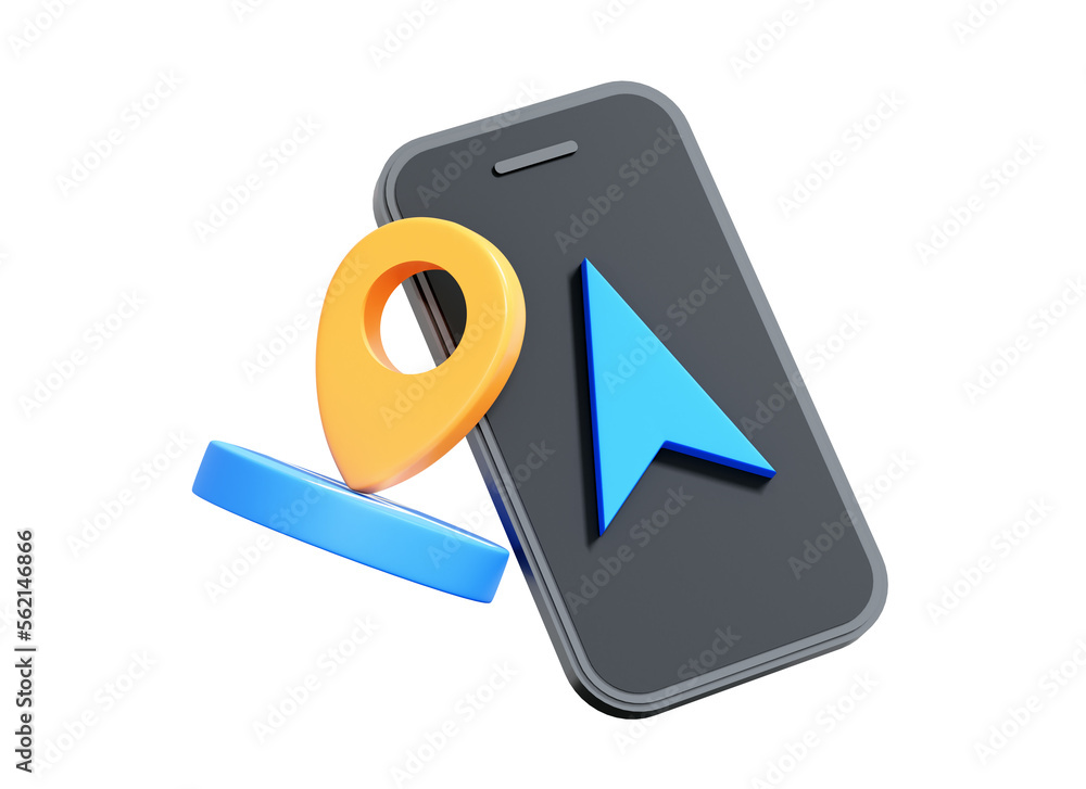 Poster 3d phone with navigator pin location. smartphone tracking position. mobile gps map app. geolocation 