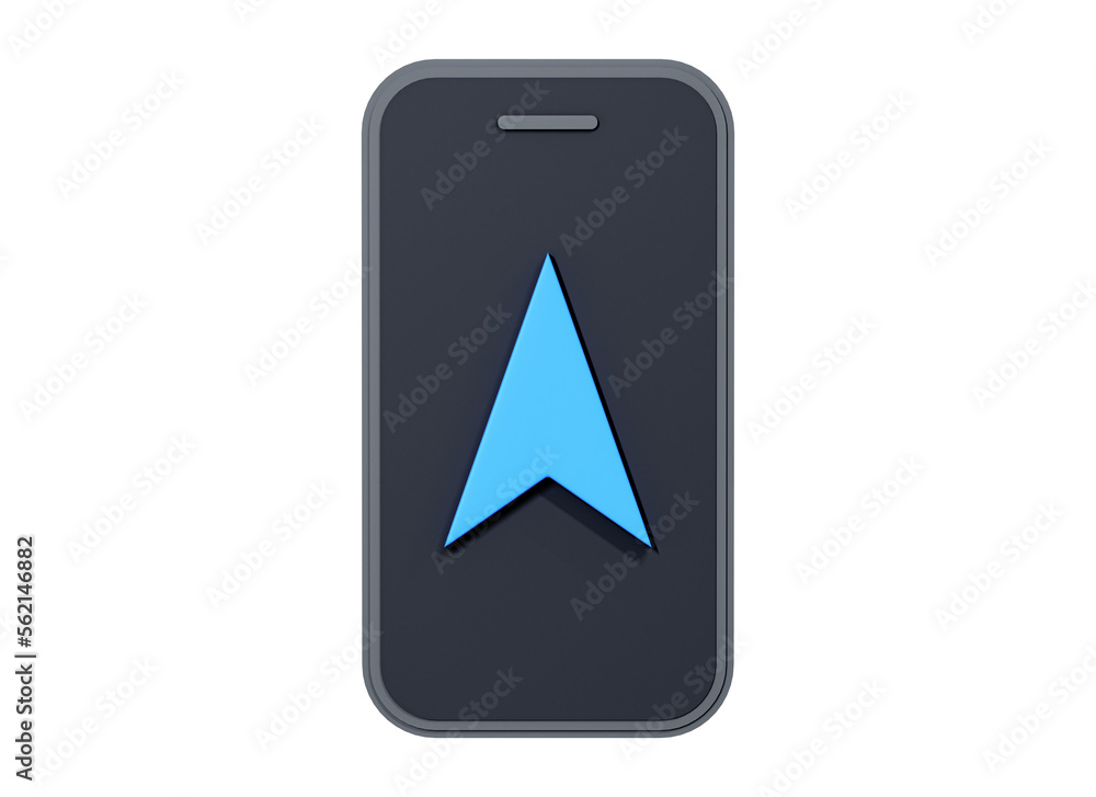 Poster 3d phone with navigation marker or gps arrow. smartphone with direction symbol. location point. mobi