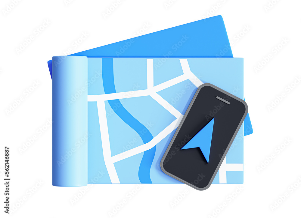 Poster 3d smartphone with map gps navigation mobile app. folded city map. phone with location place. route 