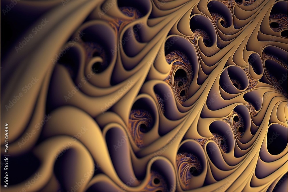 Poster a computer generated image of a spiral design in gold and purple colors with a black background and 