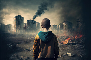 a boy looks at a city destroyed by war. buildings are in ruins and burning. Generative AI - obrazy, fototapety, plakaty
