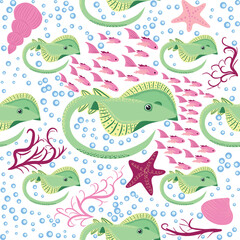 Batomorphi sea life, fish, animals bright seamless pattern. sea travel, snorkeling with animals, tropical fish