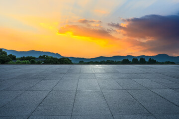 Empty square floor and mountain with sky cloud landscape at sunrise