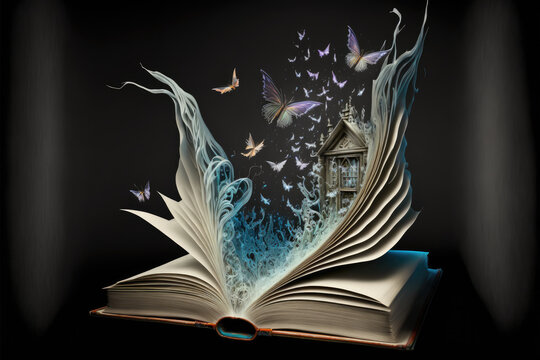 an open book from which colorful butterflies fly out. isolated with black background. fantasy, abstract. Generative AI