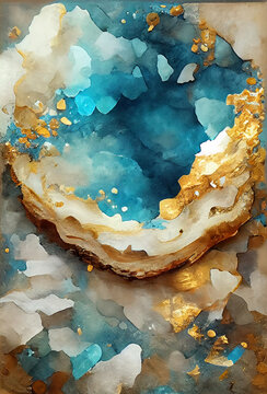Natural geode stone background, teal and golden colors