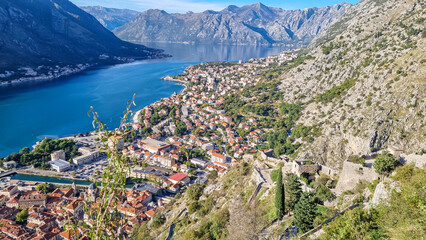 Panoramic view from Kotor city walls on Kotor bay in sunny summer, Adriatic Mediterranean Sea, Montenegro, Balkan Peninsula, Europe. Fjord winding along coastal town Dobrota. Lovcen, Orjen mountains