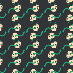 Skull, snake, goblet, magic symbols seamless pattern. Magic and death, on a dark background.