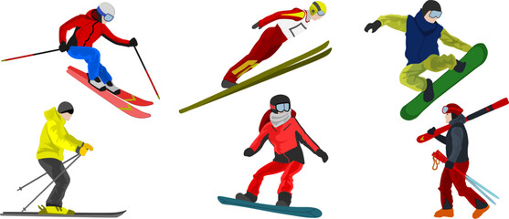 Conjunto de varios esquiadores para deportes de invierno y montaña 01