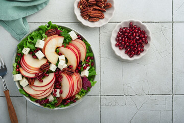 Salad. Fresh fruit green salad with feta cheese, apple, pomegranate, pecan and lettuce on white plate. Idea for healthy delicious winter Christmas salad. Healthy balanced eating. Top view.
