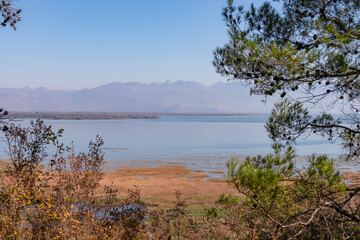 Panoramic view of Lake Skadar National Park in autumn seen from Virpazar, Bar, Montenegro, Balkans, Europe. Travel destination in Dinaric Alps near the Albanian border. Stunning landscape and nature