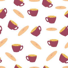 Cups and saucers bright seamless pattern. Tea, tea shop, coffee. Wallpaper, wrapping paper