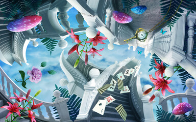 fantastic landscape with surreal ladders , clocks, magic mushrooms. Blue butterflies fly over beautiful flowers.