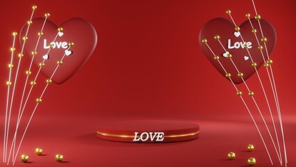 3D rendering of red podium for Valentine products on Valentine's Day.