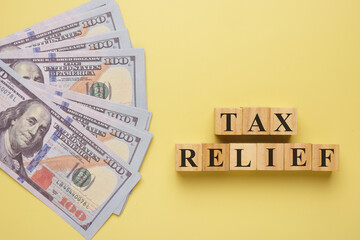 Flatlay picture of wooden block written Tax Relief with fake money insight