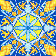 Majolica watercolor seamless pattern. Sicilian hand drawn ornament. Traditional blue and yellow ceramic tiles. Portuguese traditional azulejo pattern. Moroccan style..