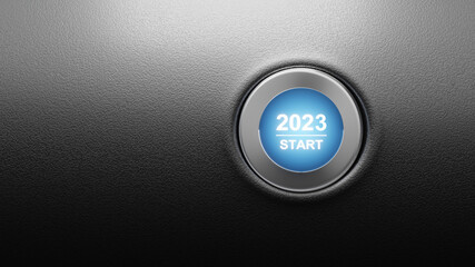 Start 2023. Happy New Year button. 3D illustration
