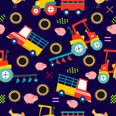 Farm pattern design.Cute tractor  and vehicle ,cute animal on dark background. pattern.tractor pattern design for kids clothing ,card, fabric.tractor truck abstract seamless pattern  