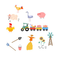 Farm object design.cute farm with pig, chicken ,sheep, cute animal ,sun flower, tractor, windmill.Countryside design for kids, book cover, kids clothing, card.