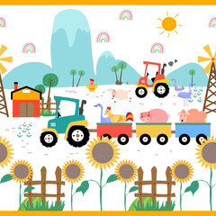Farm pattern design.Countryside design for kids, book cover, kids clothing, card.Cute farm and cute animal ,sun flower ,tractor, bran, windmill.