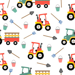 Farm pattern design.Cute tractor agricultural tools on white background pattern.tractor pattern design for kids clothing ,card, fabric.Countryside