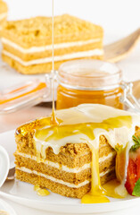 Homemade Honey cake. Honey cake Medovik, layer cake on white plate. Closeup view. sweet dessert cake. Slice of layered honey cake selective focus.