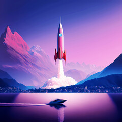 Vector Style Illustration of a Rocket Launching from Majestic Mountains in front of a Lake 2 Generative AI