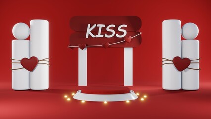 3D rendering of red podium for Valentine products on Valentine's Day.
