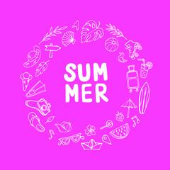 Summer, circle set of thematic objects on pink
