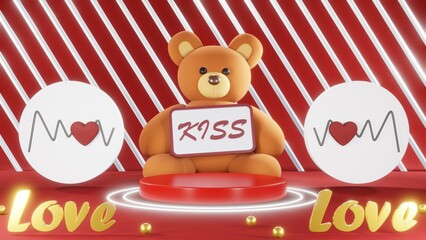 3D rendering of red podium for Valentine products on Valentine's Day.