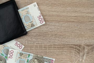 500 Polish zloty banknotes, wallet and copy space. PLN zł or złoty money, official currency of...