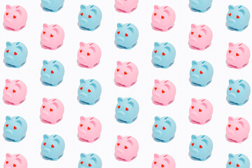 Seamless pattern of pink and blue piggy banks in love with red heart eyes. Concept of love and saving.