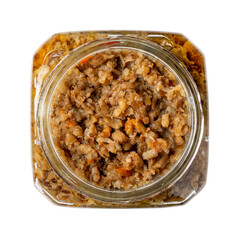 Mushroom caviar in glass jar isolated on white. Pate of forest mushrooms with carrot, onion and...