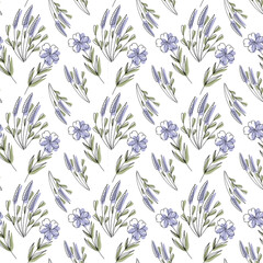 Floral seamless pattern in blue colors. Lavender and knapweed. Vector illustration