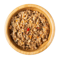 Mushroom caviar in wooden bowl isolated on white. Pate of forest mushrooms with carrot, onion and spices, vegan food concept. Top view.