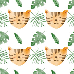 Fototapeta premium African animals watercolor pattern. Jungle animal tiger face seamless watercolor background. Hand painted wild animals illustration isolated on white background. Nursery wallart