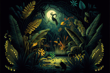 Obraz na płótnie Canvas creative illustration of a dark jungle with moon. Generative AI