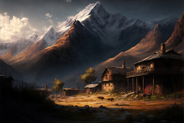 dark illustration of a small old village and couple of cows, with snowy mountains in the background. Generative AI