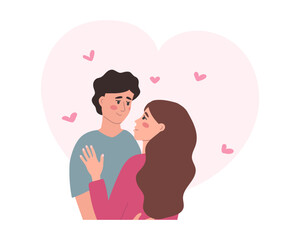 Couple in love hugs and looks into each others eyes with tenderness. Concept of intimacy, trust, love and romance. Vector flat illustration for Valentines Day