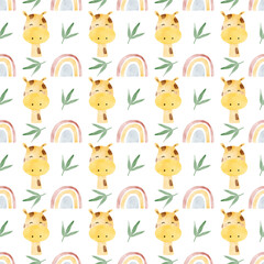 African animals watercolor pattern. Jungle animal giraffe seamless watercolor background. Hand painted wild animals illustration isolated on white background. Nursery wallart