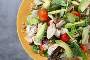 A top down view of a California style salad.