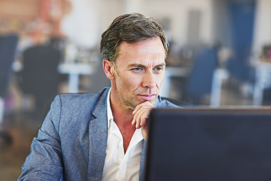 Senior Businessman, Reading Online Report And Pc For Web Design Planning, Networking Or Digital Marketing. Mature Man, Thinking And Tech Strategy Analytics Or Logistics Research On Office Computer