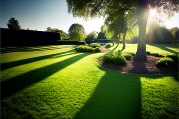 perfectly trimmed lush green lawn with trees and the sun shines through. Generative AI