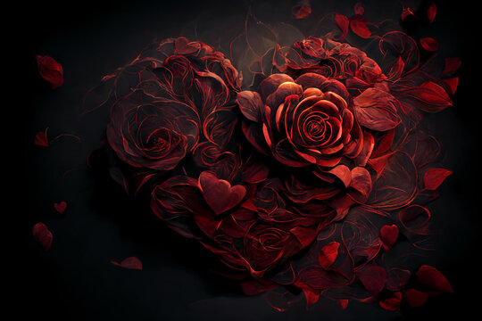 Valentines Day Heart Made of Red Roses on dark background. generative ai